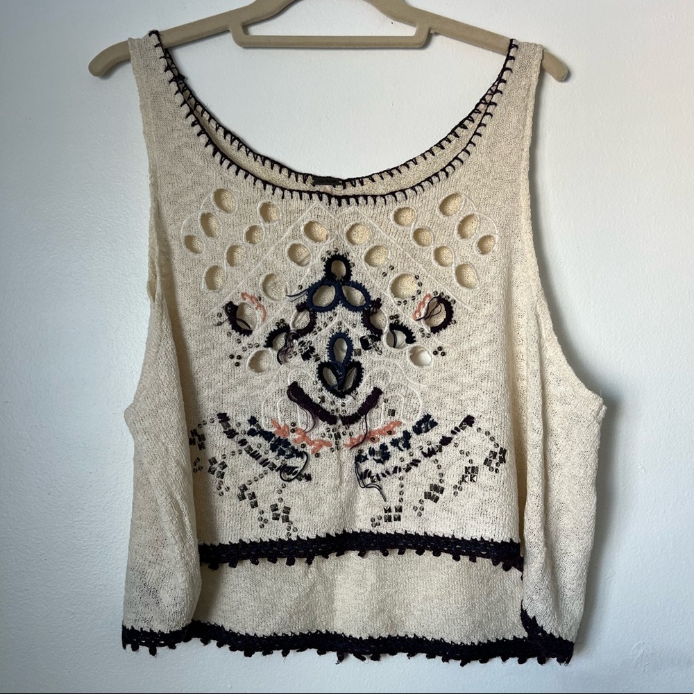 Free People knit tank top with embroidered designs and metallic detail | size S